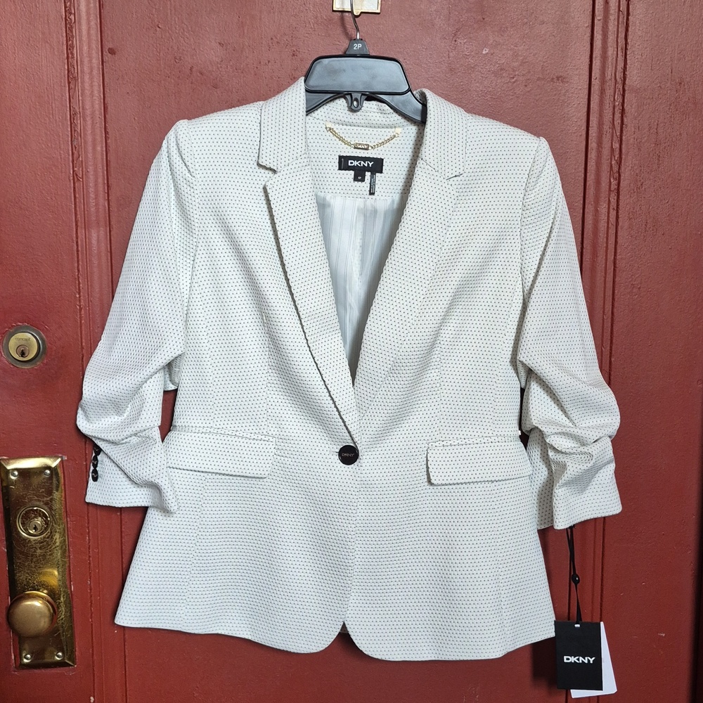 Donna Karan Women's Textured Sugar Rush 3/4 Sleeve Cream Polka Dot Blazer SZ 6P